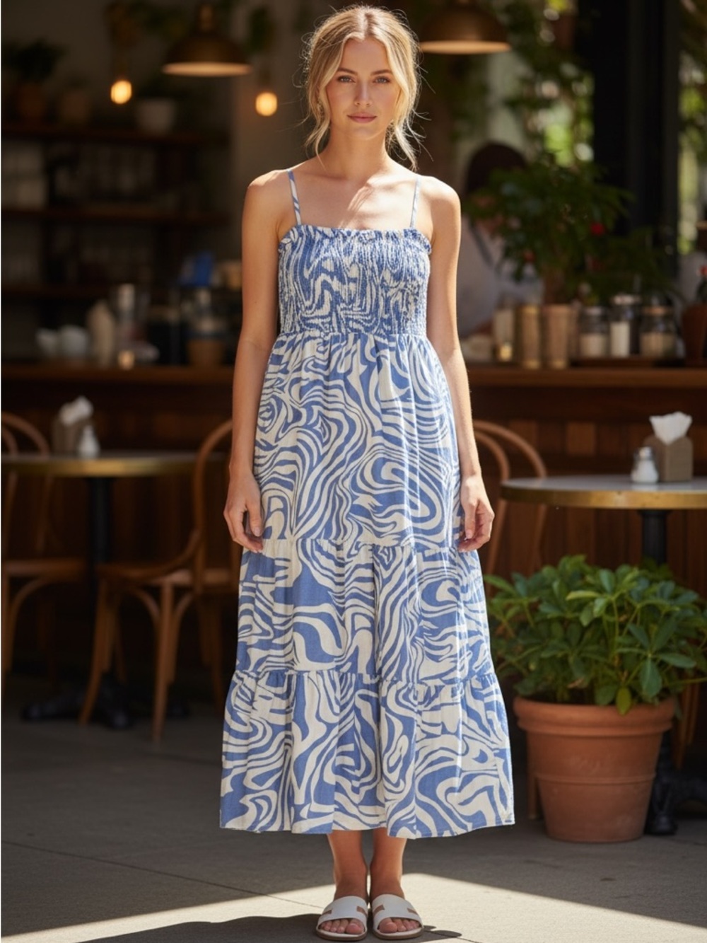 Love and Harmony abstract print dress blue white spaghetti straps tiered bottom.